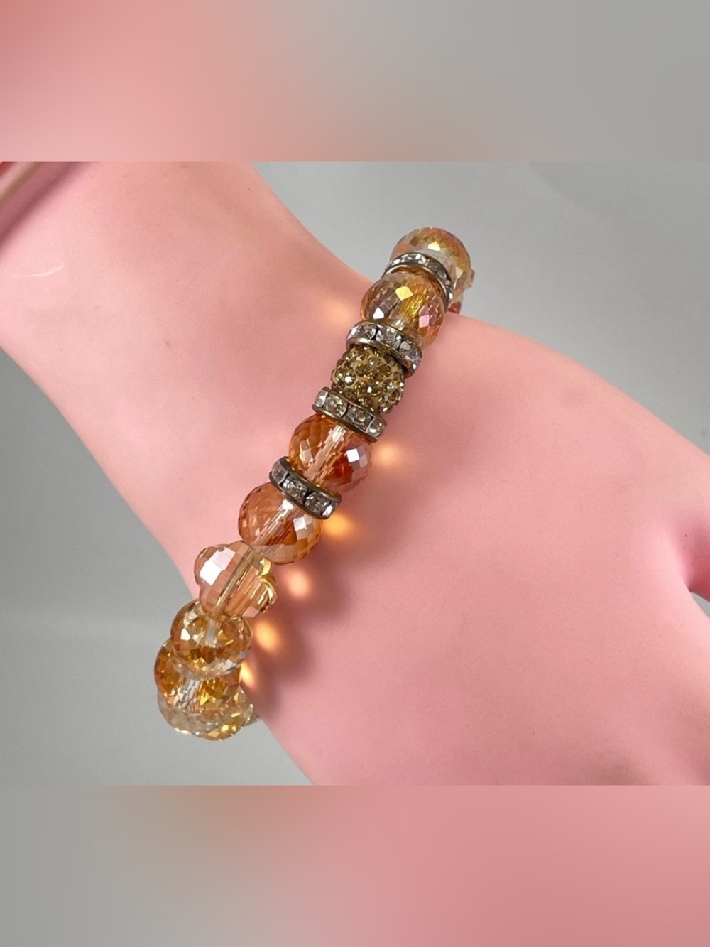 Stunning Unsigned Champagne AB Coated Glass Beaded Stretch Bracelet Statement